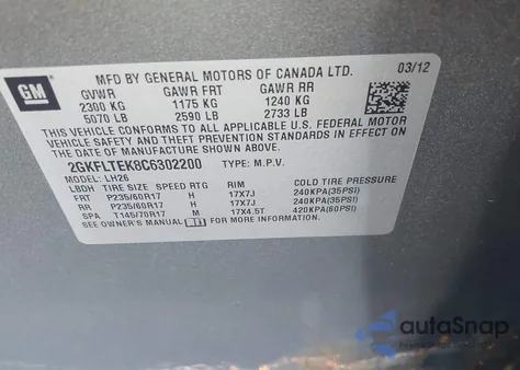 2012 GMC Terrain Sle-2 z USA, uszkodzony, nr VIN 2GKFLTEK8C6302200